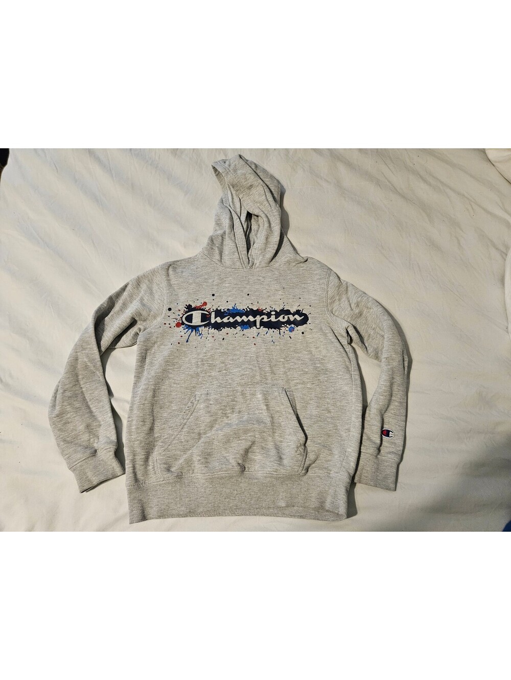 CHAMPION Boys KO Script Paint Splatter Fleece Hoodie Sweeatshirt Grey Size M